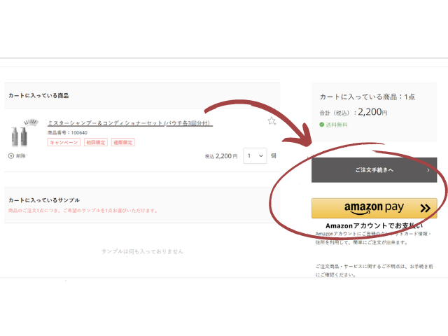 ②購入商品と支払い方法などの情報を入力して注文完了